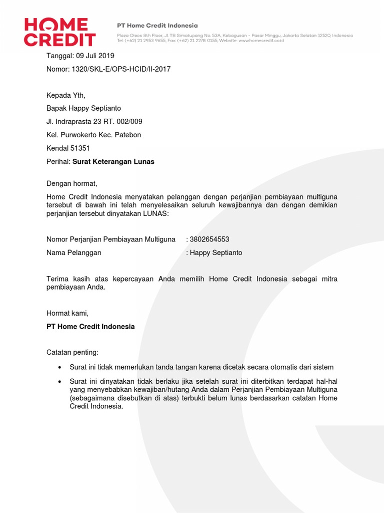 Surat Keterangan Lunas 3802654553