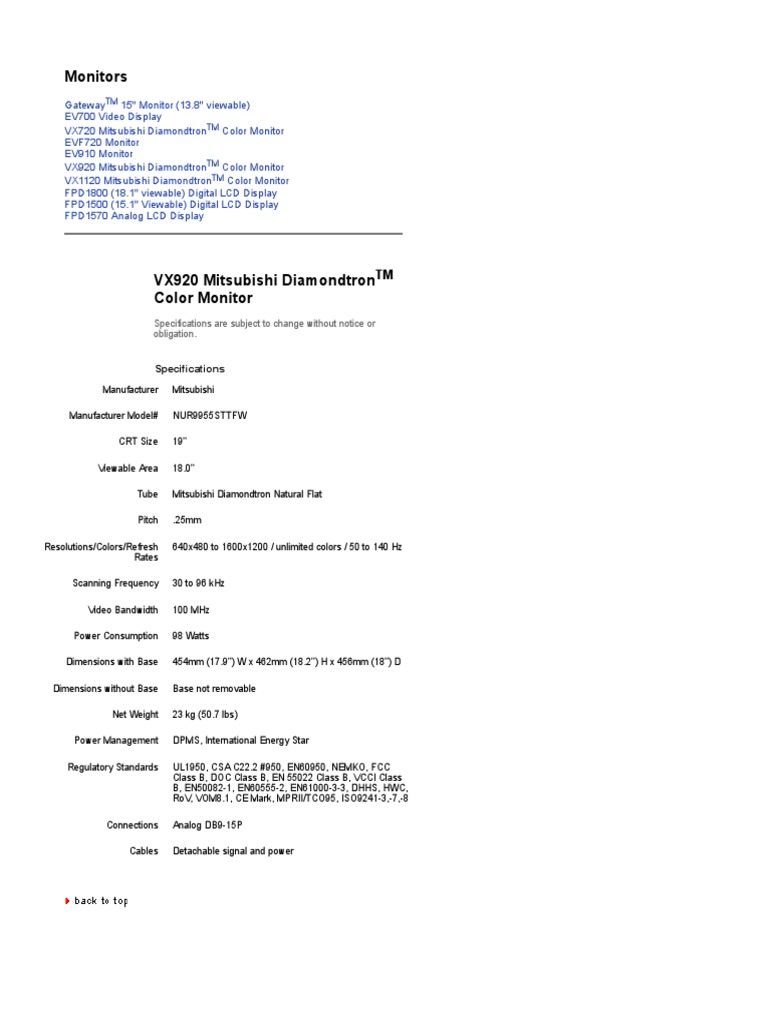 Gateway vx920 Specs PDF PDF