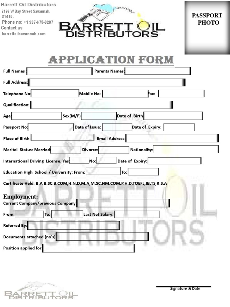 Barrett Oil Distributors Job Application Form 12 PDF Business