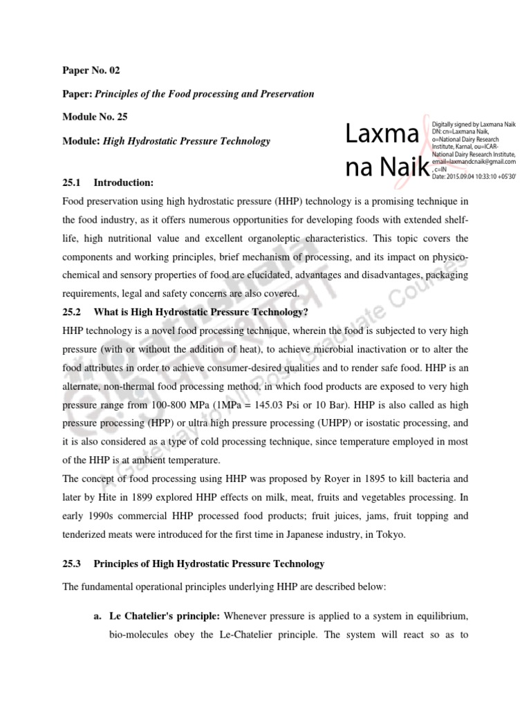 High Hydrostatic Pressure in Food Preservation | PDF | Foods | Food ...
