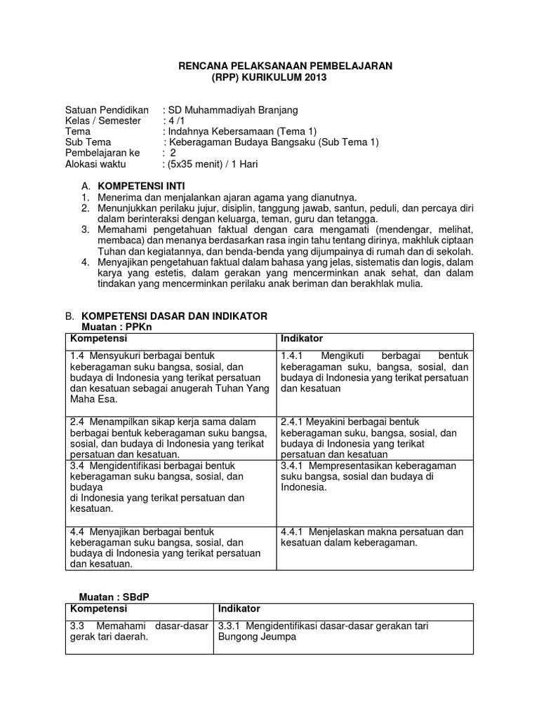 Rpp Kls 4 Tema 1 Sub Tema 1 Pembelajaran 2 Pdf