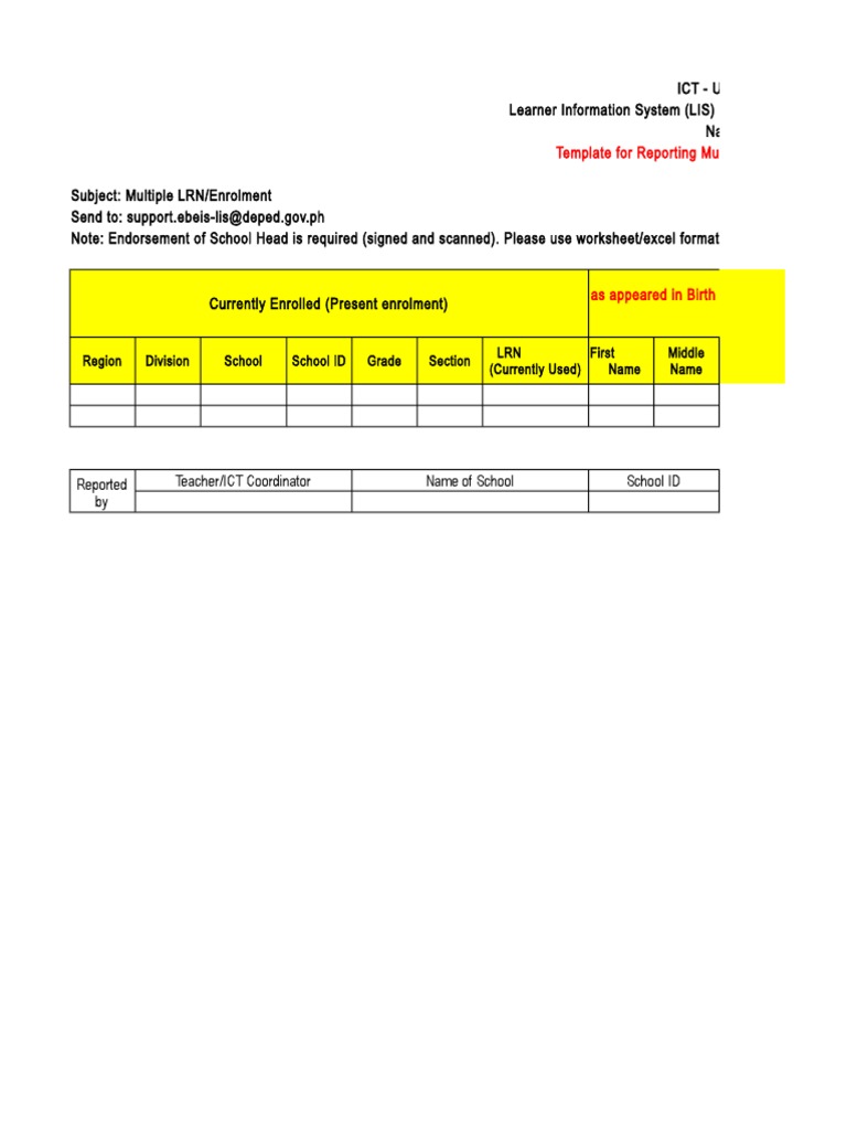 Reporting Multiple LRN/Enrolment Template | PDF