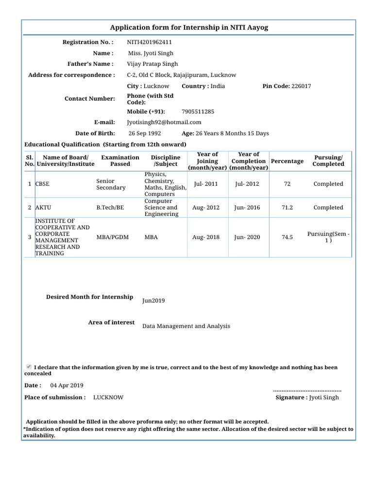 Application Form For Internship in NITI Aayog | PDF | Computing | Business