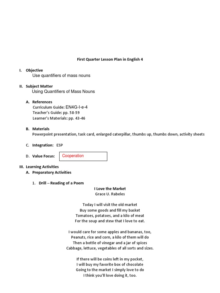 Quantifiers for Mass Nouns Lesson Plan | PDF | Lesson Plan