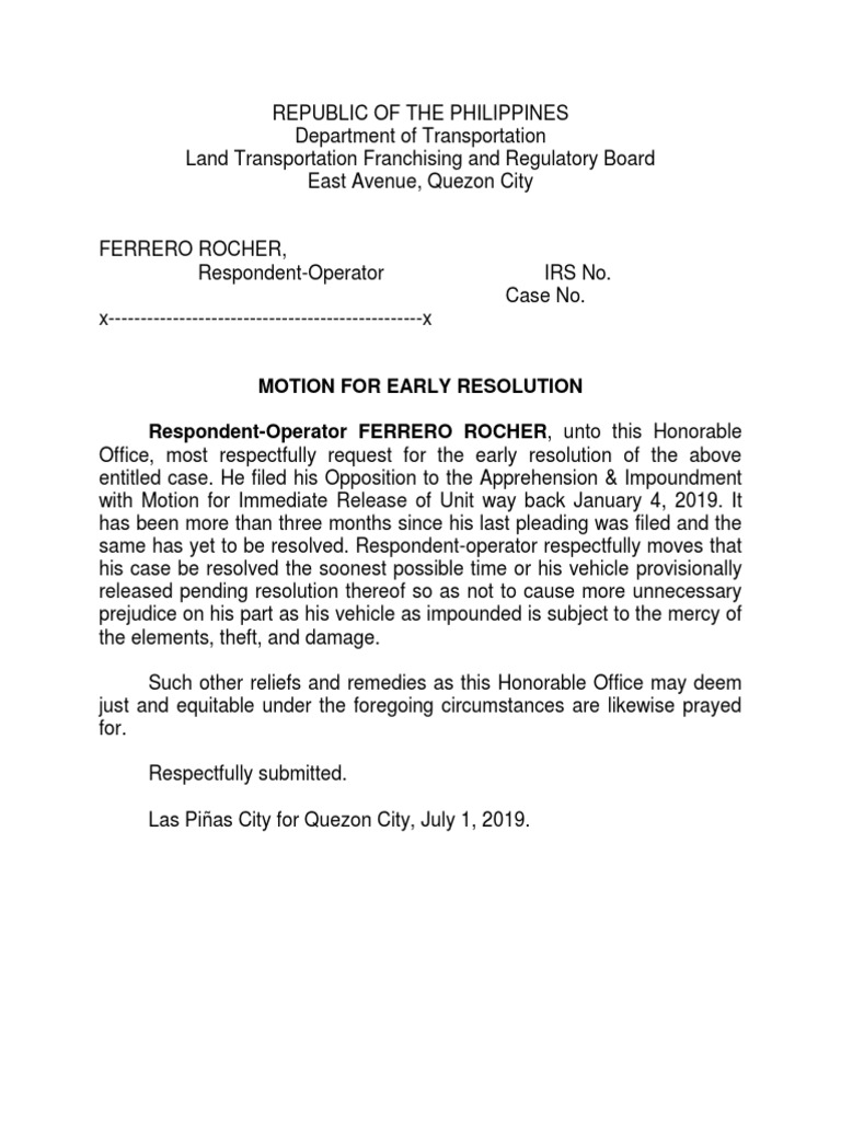 Motion for Early Resolution LTFRB
