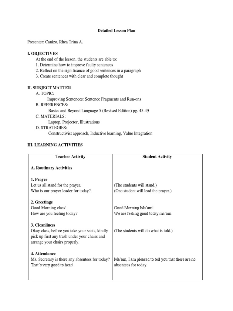 Detailed Lesson Plan | PDF | Sentence (Linguistics)