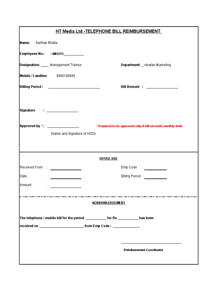 Telephone Bill Reimbursement Form | PDF