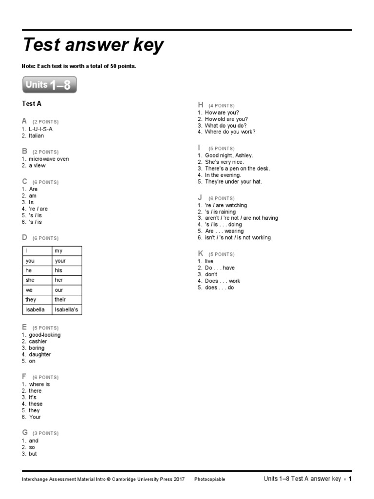 Test Answer Key: Units | PDF