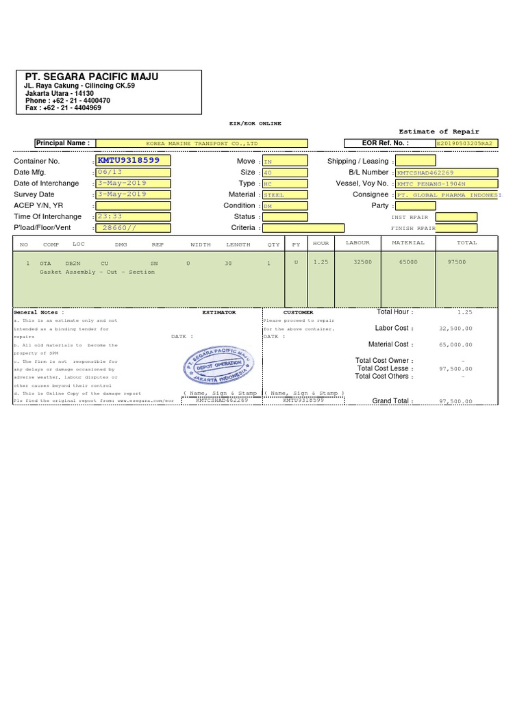 EIR Document for Container Repair Estimate | PDF