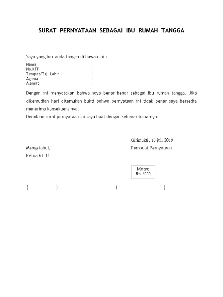 Surat Pernyataan Ibu Rumah Tangga Doc