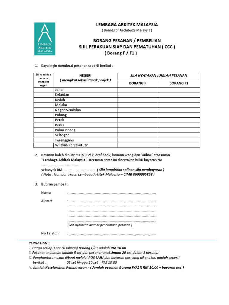 Borang Pesanan Pembelian Borang F Pdf