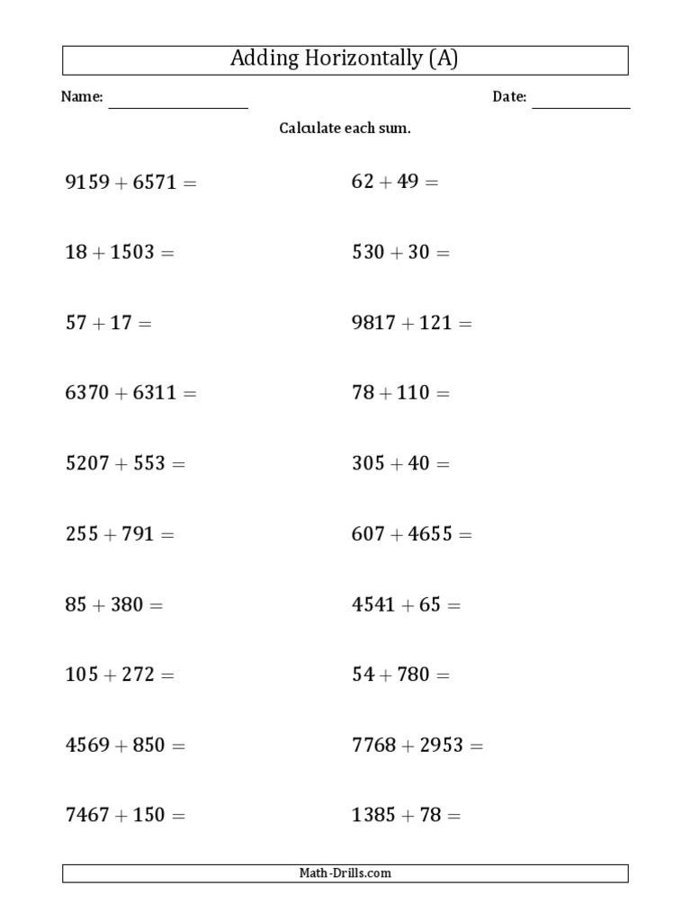 Adding Horizontally (A) : Name: Date: Calculate Each Sum | PDF