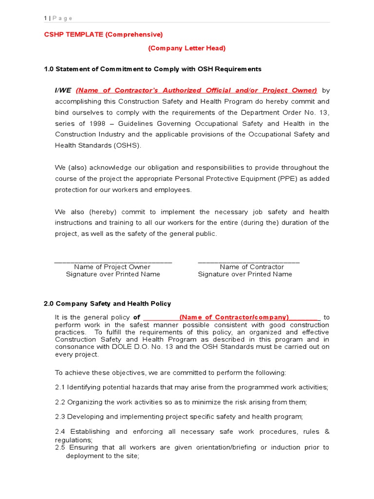 Comprehensive CSHP | Download Free PDF | Personal Protective Equipment ...