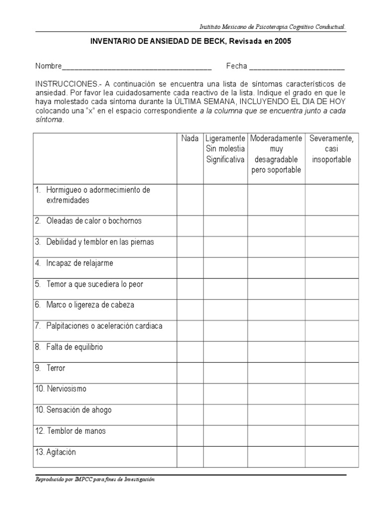 Inventario de Ansiedad de BeckEdición 2005 Ansiedad Temor