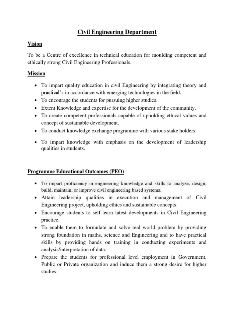 Civil Engineering Department Vision & Mission | PDF | Engineering ...