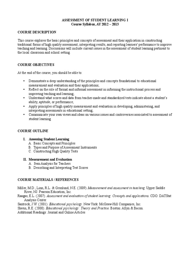Student Learning Assessment Syllabus | PDF | Educational Assessment ...
