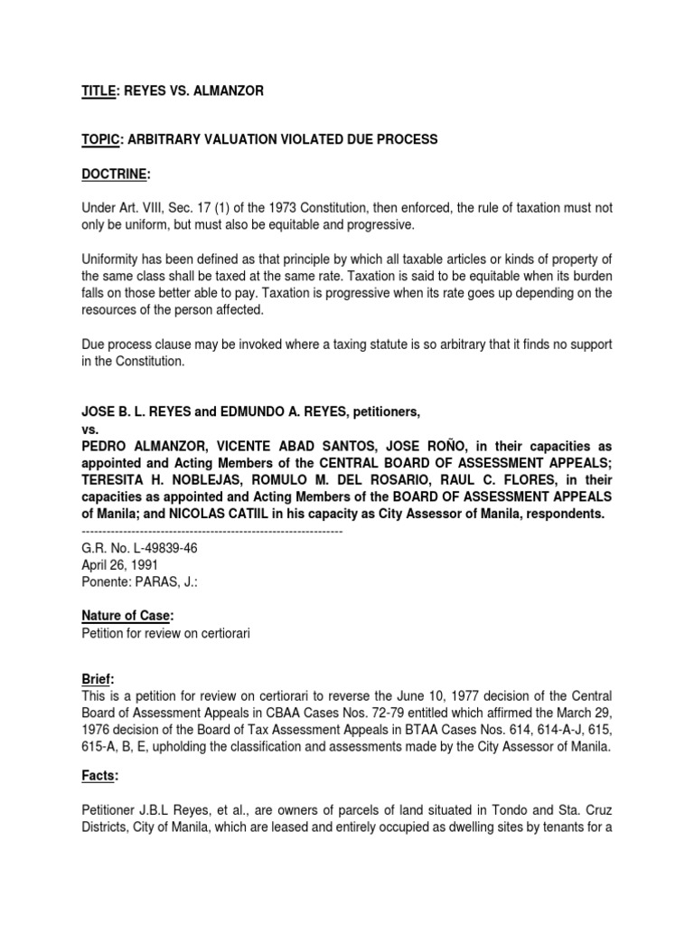 Sample digest reyes vs almanzor pdf taxes property