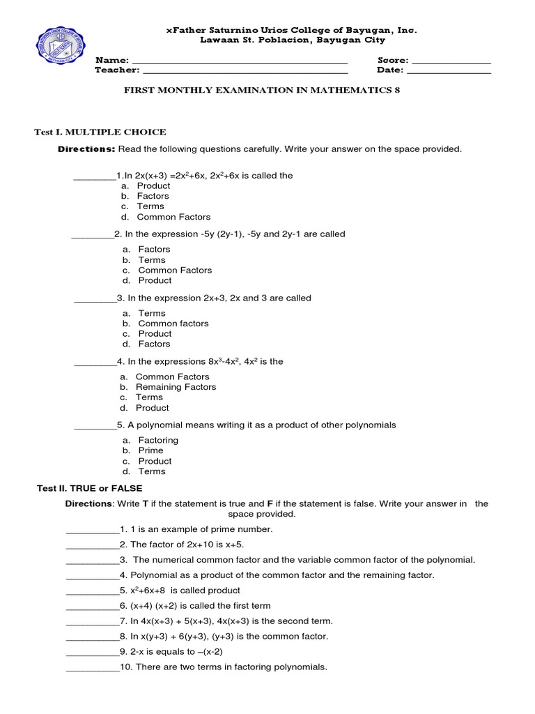 Directions: Read The Following Questions Carefully. Write Your Answer ...
