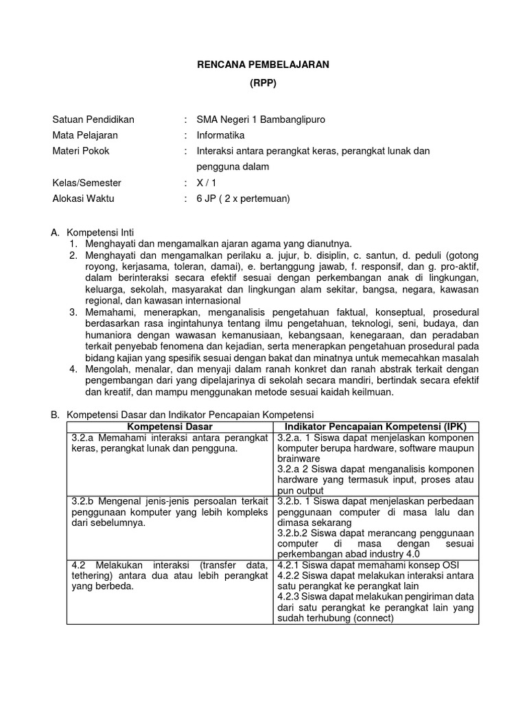 Rencana Pembelajaran Kelas X Informatika
