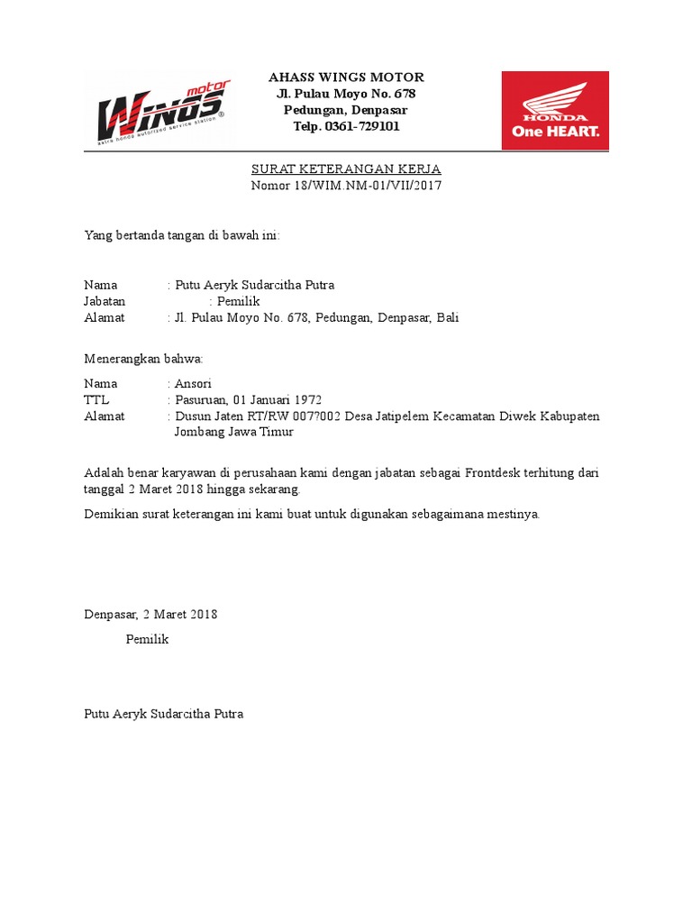 Surat Keterangan Kerja Ahass Wings Motor
