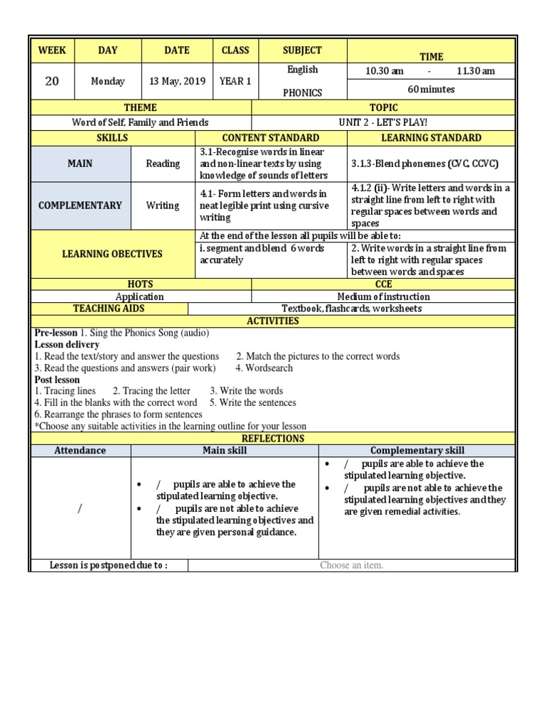 Weekly Lesson Plans for English and Music | PDF | Phonics | Teachers