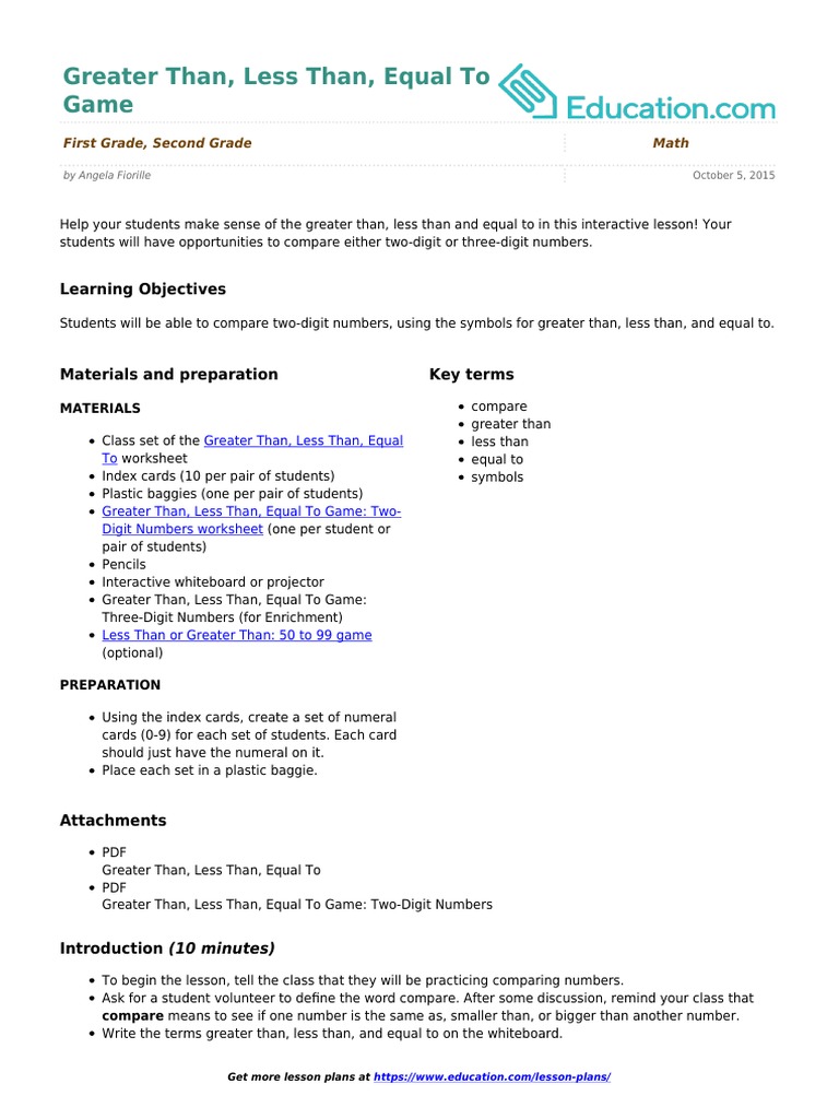 Greater Than Less Than Equal To Game PDF | PDF | Lesson Plan | Symbols
