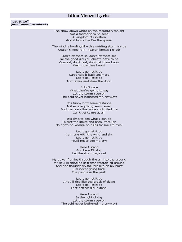 Idina Menzel Lyrics Let It Go