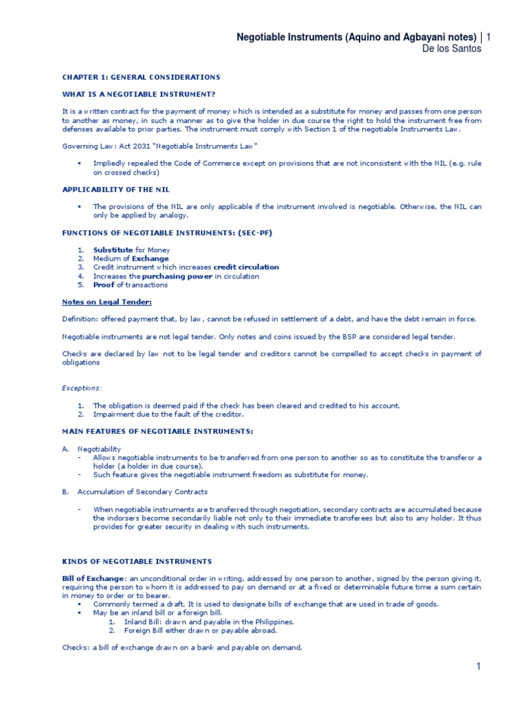 Negotiable Instruments (Aquino and Agbayani Notes) 1: de Los Santos ...