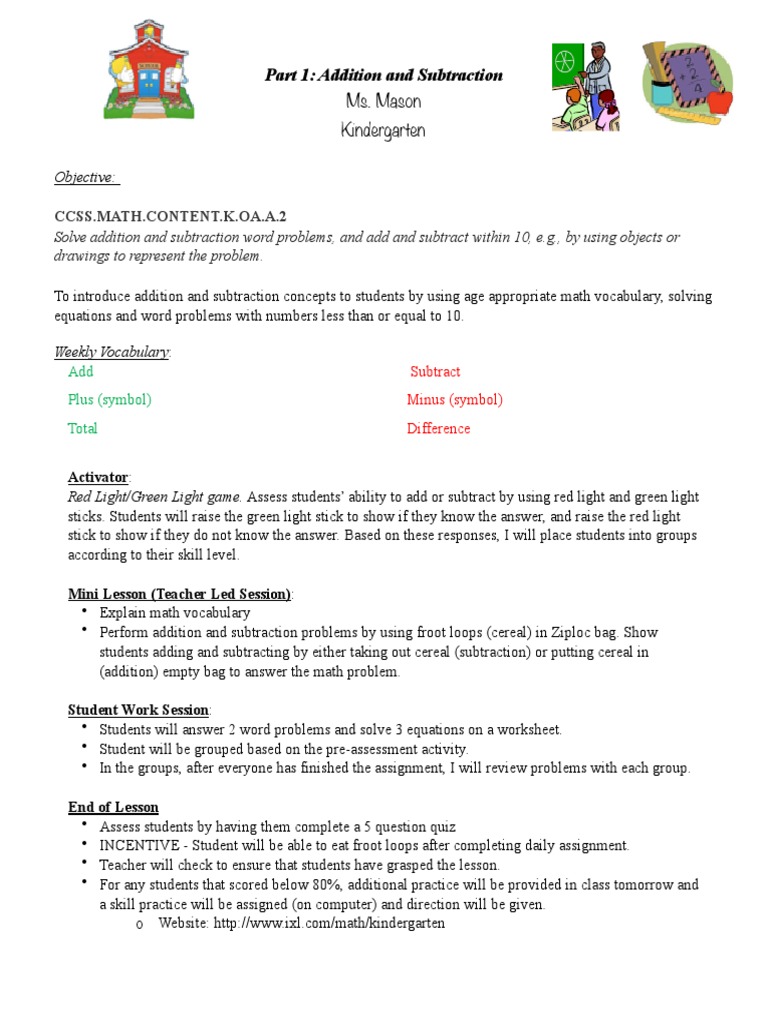 Introducing Addition and Subtraction Concepts Using Math Vocabulary