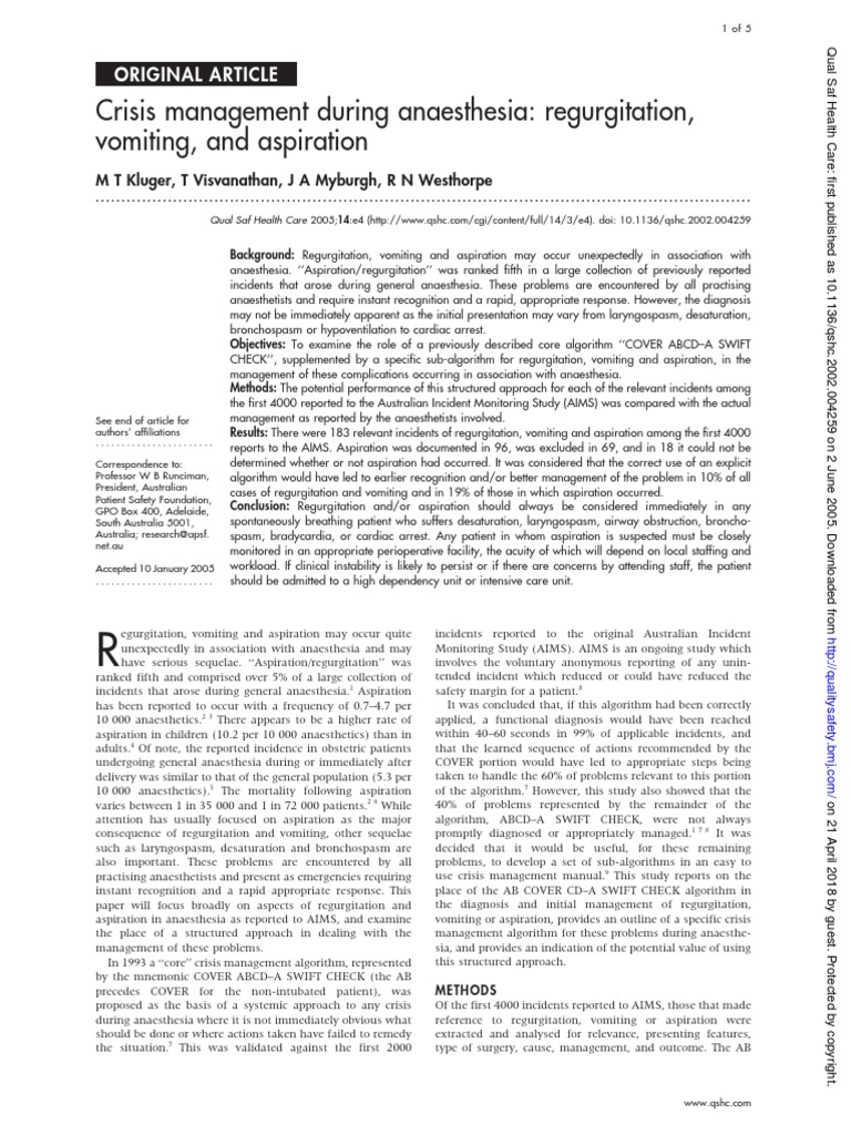 CMDA Regurgitation Vomiting and Aspiration PDF Anesthesia Vomiting
