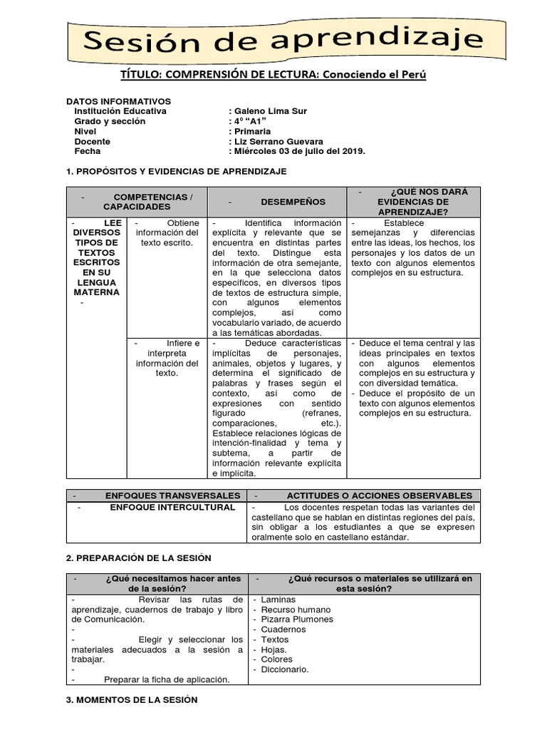Sesion de Aprendizaje de Plan Lector - Julio3 | PDF | Comprensión ...
