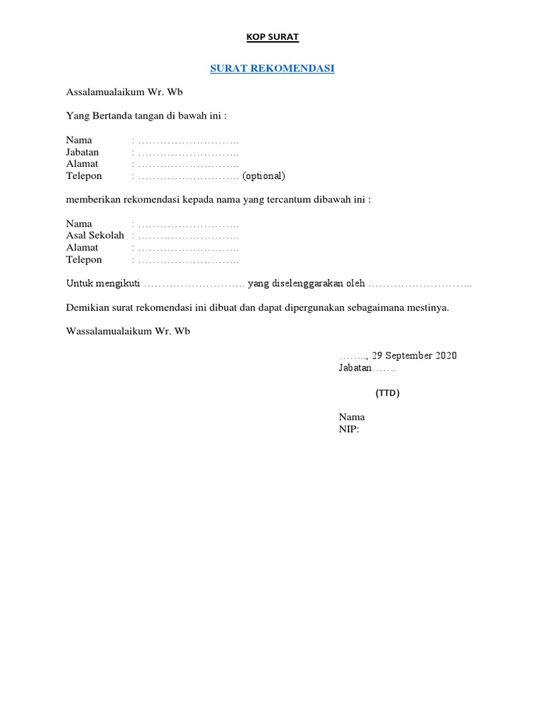 Contoh Surat Rekomendasi Sekolah