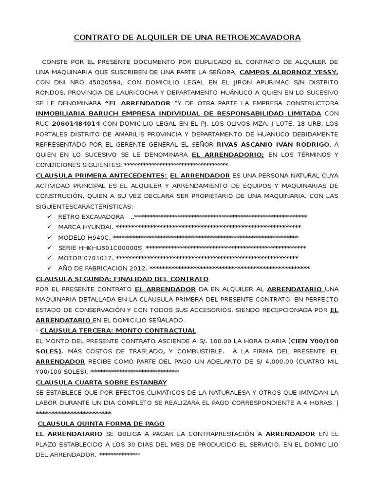 Contrato de Alquiler de Retroexcavadora | PDF | Alquiler | Información ...