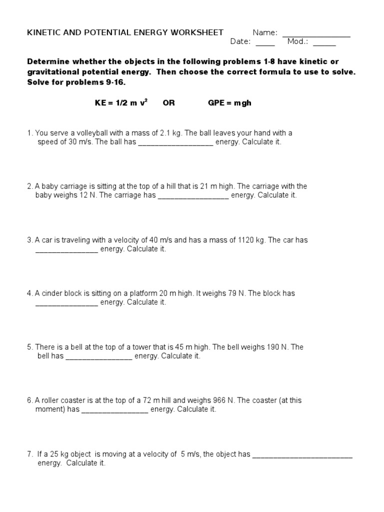 Kinetic and Potential Energy Worksheet | PDF | Technology 