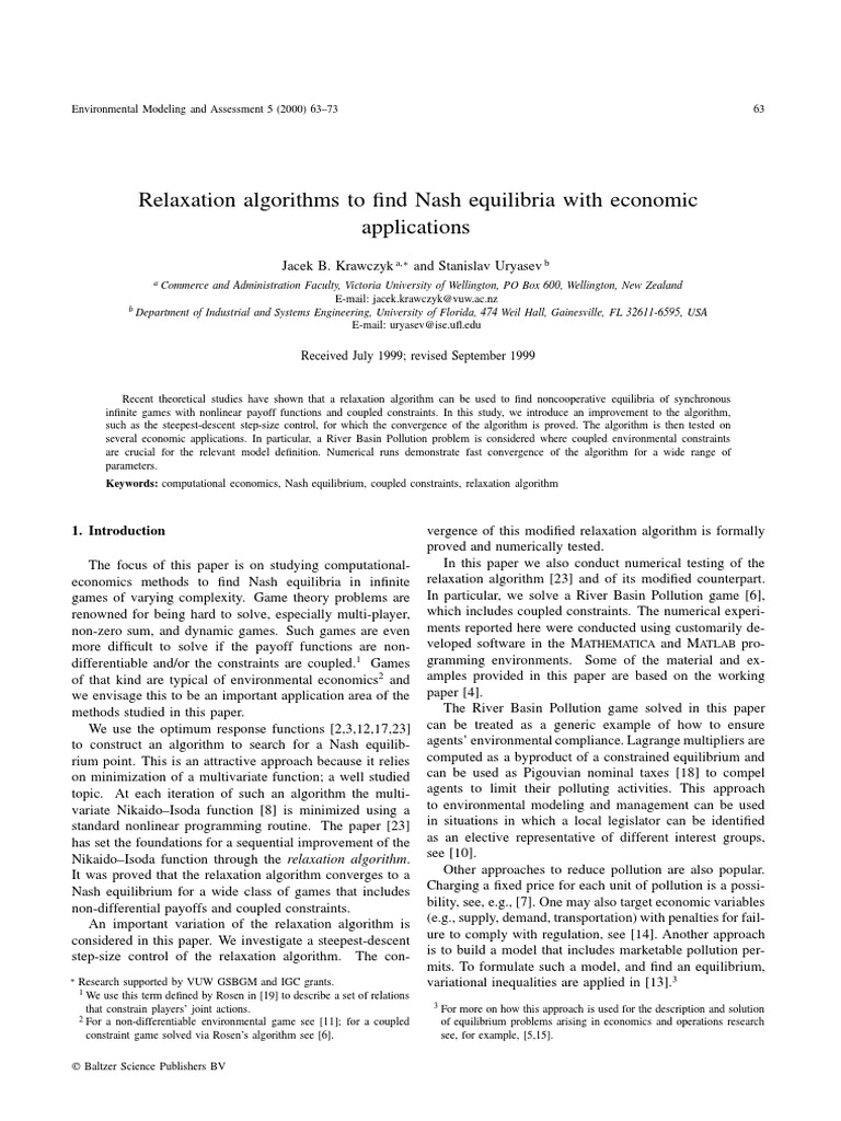 Relaxation Algorithms To Find Nash Equilibria With Economic ...
