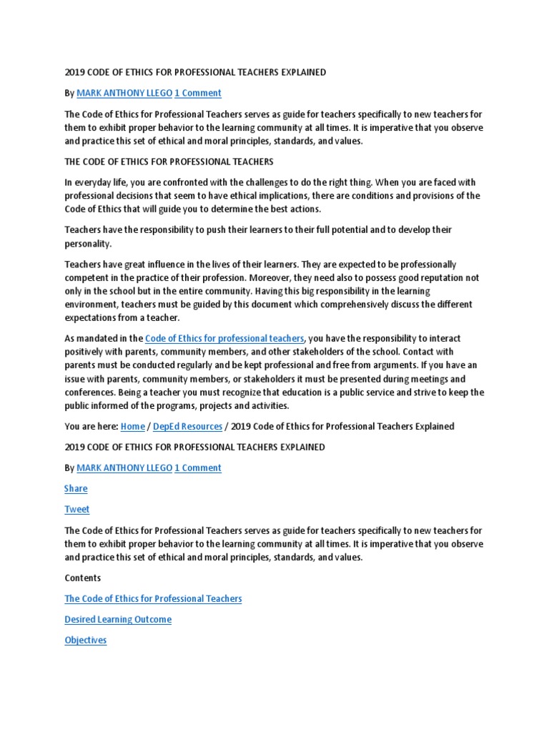 19 Code Of Ethics For Professional Teachers Explained Pdf Teachers Value Ethics