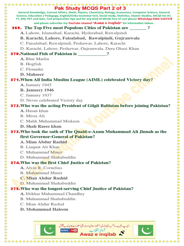Pakistan MCQs for General Knowledge | PDF | Muhammad Ali Jinnah | Pakistan