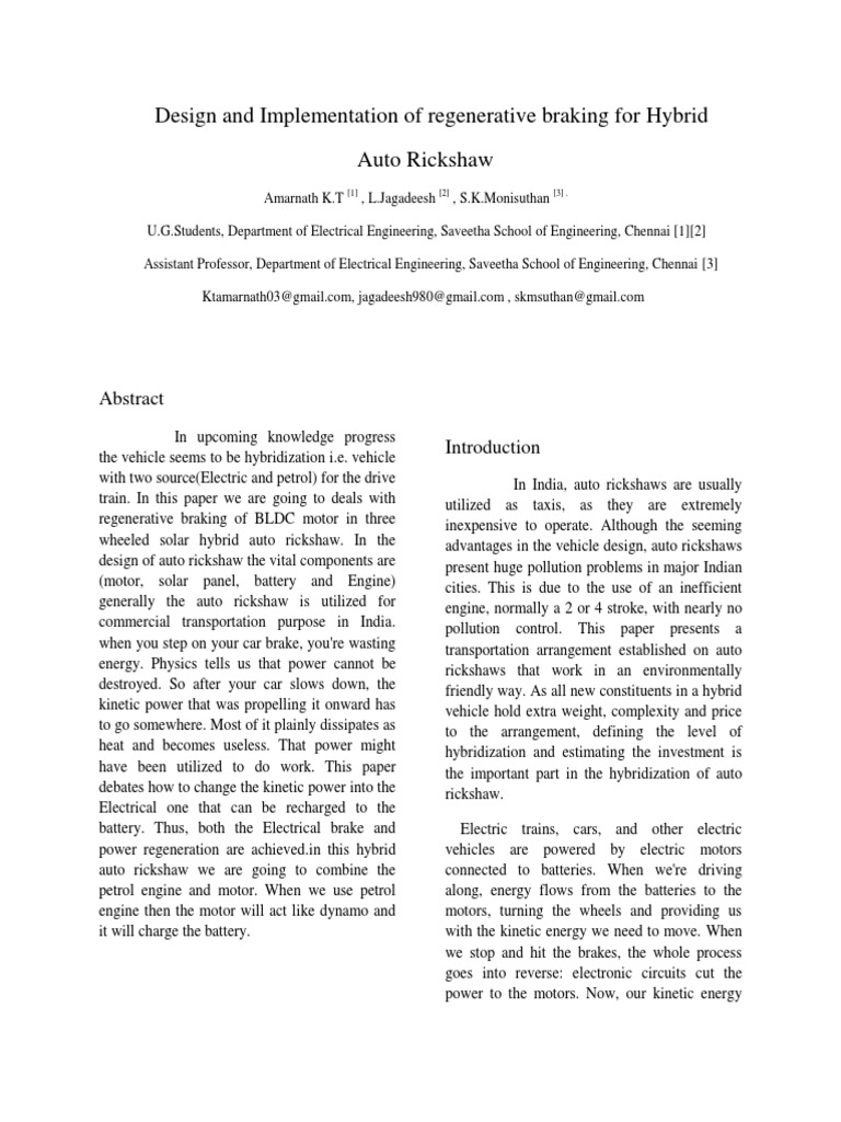 Regenerative Braking in Hybrid Rickshaw | PDF | Electric Vehicle ...