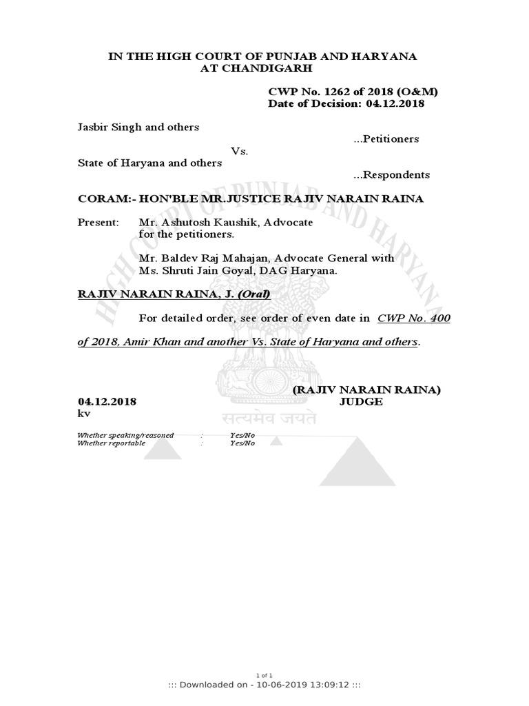 In The High Court of Punjab and Haryana at Chandigarh CWP No. 1262 of ...