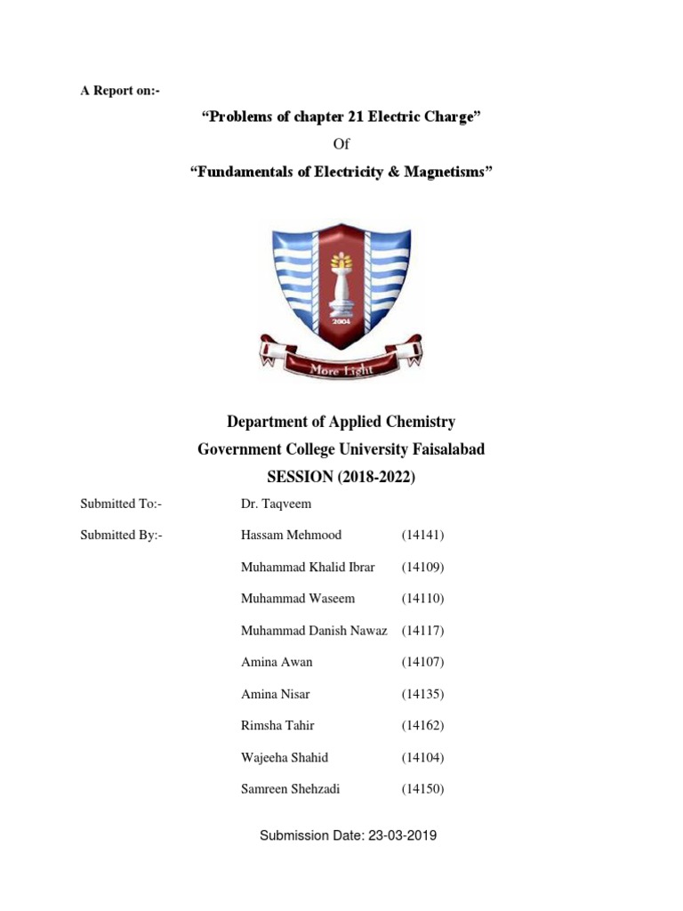 “Problems of chapter 21 Electric Charge”: A Report on: | Electric