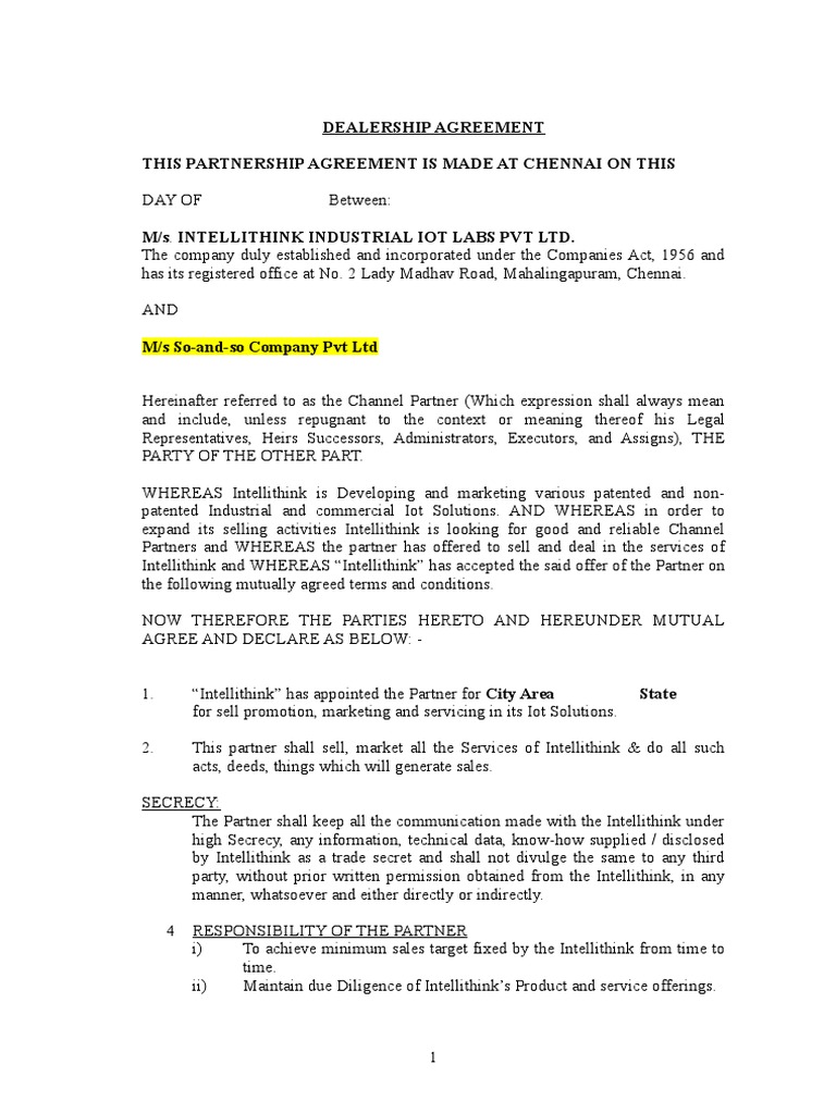 Dealership Agreement Sample PDF Of Things Government