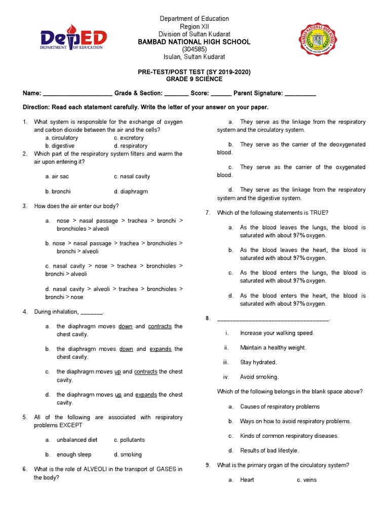 Grade 9 Pretest and Post Test | PDF | Respiratory Tract | Chemical Polarity