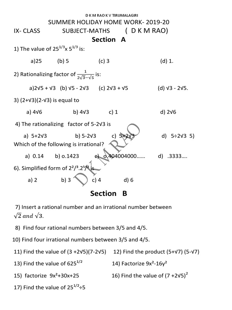 9th Class Maths Summer Holiday Homework Pdf Notation Mathematical Concepts