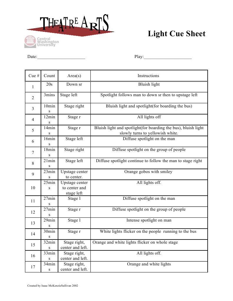 Light Cue Sheet PDF Light Lighting