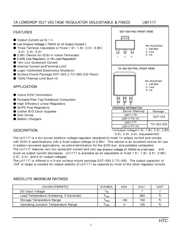1A Lowdrop Out Voltage Regulator (Adjustable & Fixed) Lm1117 Features ...