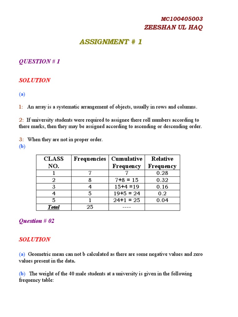 Assignment 1 Sta 301 Solution Pdf Mean Statistical Analysis
