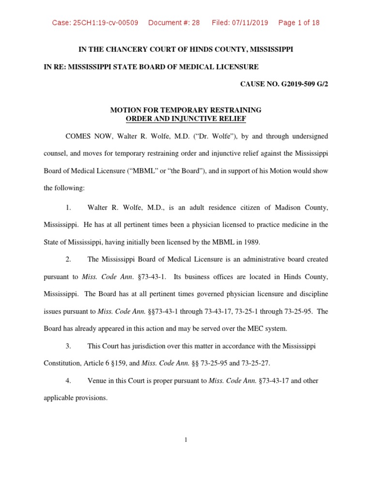 Dr. Walter Wolfe Motion For Temporary Restraining Order | PDF ...