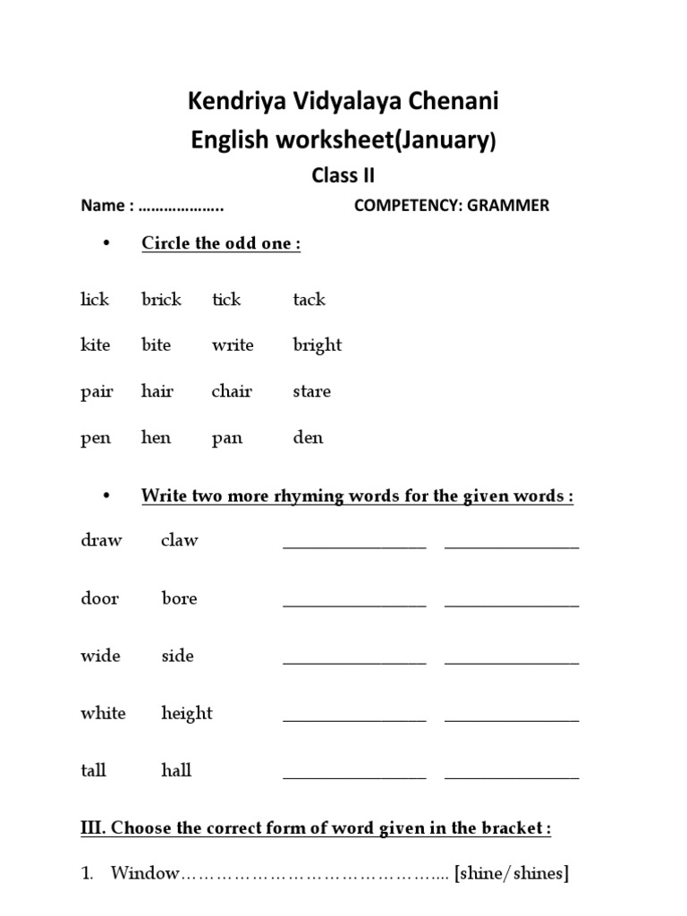 Class II English Grammar Worksheet | PDF | Home & Garden