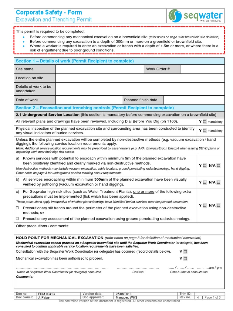 FRM-00413 Corporate Safety - Excavation and Trenching Permit Form | PDF