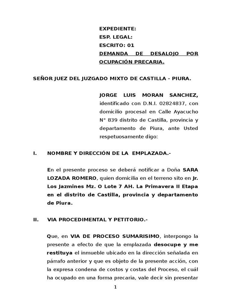 Demanda de Desalojo Por Ocupante Precario Posesión (Ley) Propiedad